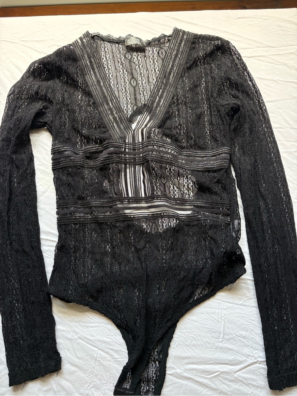 Kookai Black Sheer Lace Long-Sleeve Bodysuit